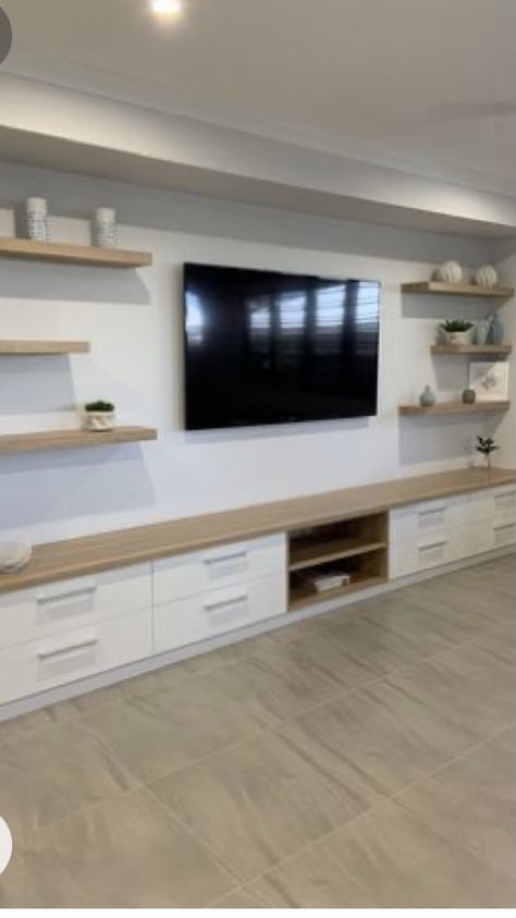 Built In Shelves Living Room, Living Room Wall Units, Living Room Built Ins, Living Room Entertainment Center, Basement Living Rooms, Flat Screen Tv, Basement Makeover, Living Room Entertainment, Ideas Living Room