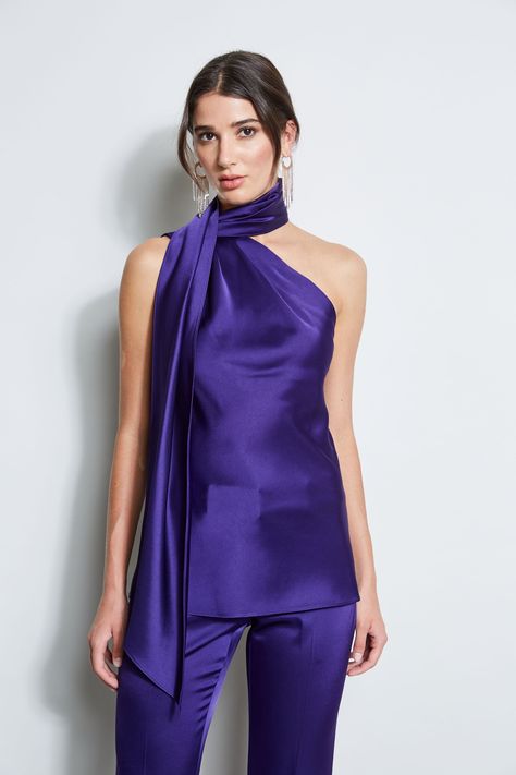 Women Satin Shirt, Satin Formal Top, Purple Satin Outfit, Satin One Shoulder Top, Plum Top Outfit, One Shoulder Scarf Top, Purple Top Outfit, Satin Top Outfit, Satin Shirts For Women