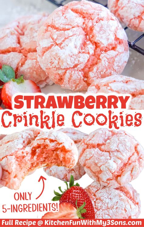 Indulge in the delightful taste of Strawberry Crinkle Cookies! This easy strawberry cookie recipe has a soft and chewy texture with a burst of sweet strawberry flavor. Perfect for Summer, these irresistible cake mix cookies are a must-try for any strawberry lover. Strawberry Crinkle Cookies, Strawberry Cool Whip, Cake Mix Crinkle Cookies, Crinkle Cookies Cake Mix, Box Strawberry Cake, Strawberry Cookie Recipe, Strawberry Cake Cookies, Strawberry Cake Mix Cookies, Jello Recipe