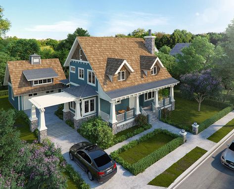 Two Story Bungalow, House In The Country, Half Walls, Porte Cochere, Bungalow Homes, Casas The Sims 4, Bungalow House Plans, Big Country, Craftsman Style House Plans