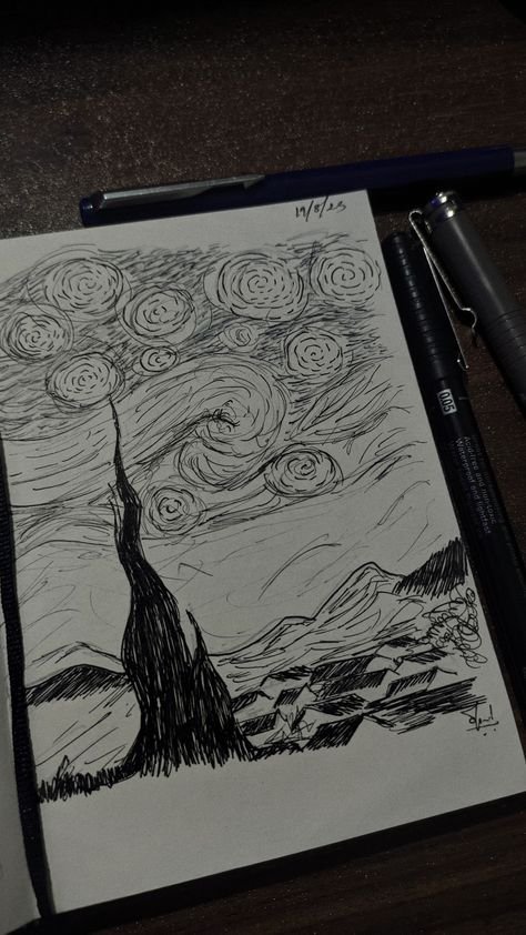 Night Sky Ink Drawing, Starry Night Sketch, Night Sky Sketch, Sky Sketch, Landscape Drawing Easy, Sketchbook Idea, Night Sketch, Simple Landscape, Journal Idea