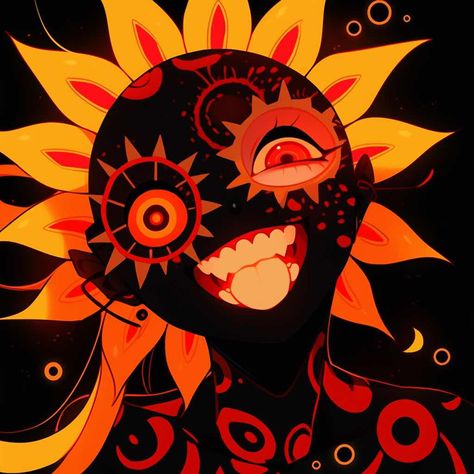 Sun Inspired Character Design, Psychadelic Character Design, Circle Character Design, Characters With Orange Hair, Weird Character Design, Sun Character Design, Creepy Sun, Celestial Oc, Celestial Character Design