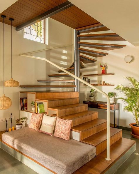 Staircase Seating, Living Room Steps, Indian Living Room Designs Small Spaces, Baddie Bedroom, Exterior Landscaping, Staircase Designs, Philippine Houses, Staircase Railing, Buddha Decor