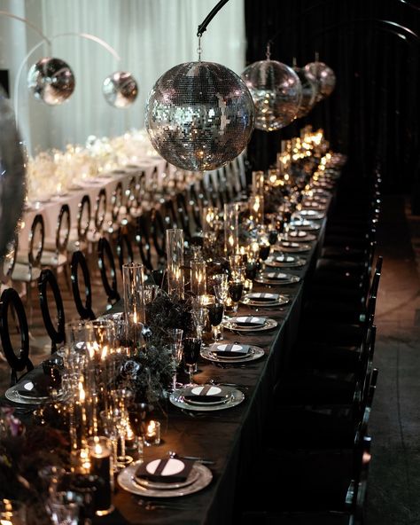 When the theme is in the room with us, and the room is a disco ball 🪩 💍 | photos @nikkidaskalakis planning and design @gritandgraceinc floral @sophiefelts rentals @smthingvintage catering @spilledmilkdc chairs and chargers @tablemannersdc glasses and linens @dcreventrentals paper @kelseymaliedesign draping @fabeventsdc lighting @4walldcproduction AV @allstageandsound DJ @amtrac venue @theshowroomdc interactive wall @brightlyeverafter talent @dree.gray dancefloor @djmaxpowers HMU @makeupbyanab... Wedding Venues Disco, Hip Hop Wedding Theme, Sparkles Party, Ball Photos, Nikah Decor, Wedding Ceiling, Black Tablecloth, Disco Theme, Interactive Walls