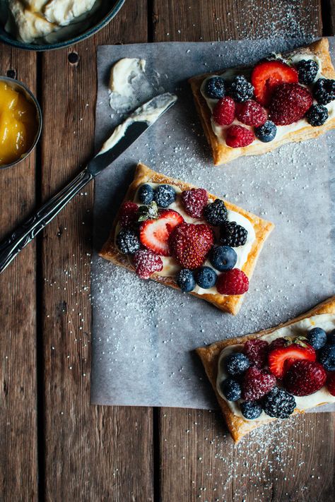 puff pastry fruit tarts with lemon curd whipped cream — the farmer's daughter | let's bake something Fruit Puff Pastry, Puff Pastry Fruit, Picnic Boxes, Pastry Fruit, Wellington Food, Puff Pastry Tarts, Lemon Whipped Cream, Fruit Pastries, Bake Something