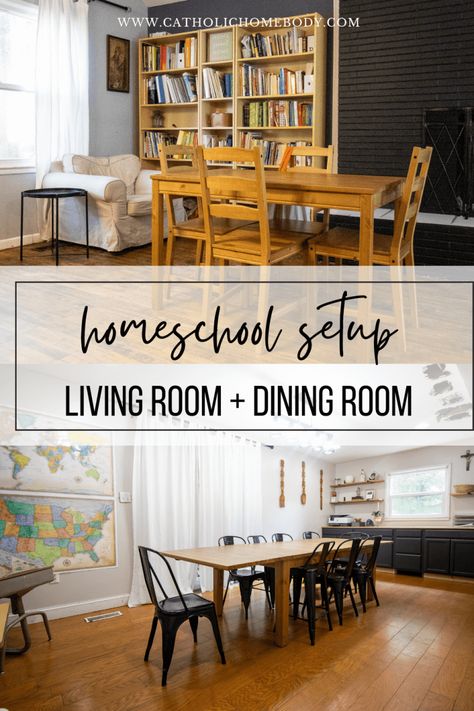 Small Space Homeschool Room, Homeschool Room Decor, Homeschool Room Design, Homeschool Room Organization, Dining Room Essentials, Dining Room And Living Room, Farmhouse Style Living Room, Homeschool Room, Cottage Charm