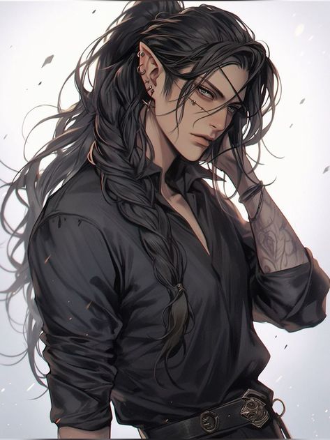 Black Hair Elf Female Art, Black Haired Elf, Twin Ponytails, Making A Character, Black Hair Green Eyes, Elf Ranger, Dnd Elves, Male Elf, Elf Man