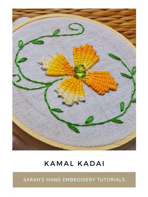 Kamal Kadai- even number of spokes, variegated thread and embellished centre Kamal Kadai flowers made with an even number of spokes ensures that the petals are filled to the brim and not left with an 'extra' long foundation stitch in the middle. The center is filled with a bead or any jewel. I have tried a variegated thread over this sample. Fig 1: Mark the stitch points over the fabric. Note that the stitch points are even in number. I have marked a small circle for the centre. Learn how to mak Kamal Kadai Embroidery Design, Kamal Kadai, Trellis Stitch, Western Embroidery, Design Motifs, Kutch Work, Barn Quilt Patterns, Redwork Embroidery, Hand Embroidery Tutorial