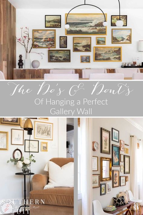 Gallery Wall Rules To Follow & Break (plus cheat sheet) : all the do's & dont's to hanging the perfect gallery wall easily every time Gallery Wall With Paintings, Home Gallery Wall Ideas, Picture Rail Gallery Wall, Eclectic Gallery Wall Ideas Living Room, Gallery Wall Rules, Collage Wall Bedroom, Gallery Wall Template, Picture Walls, Wall Layout