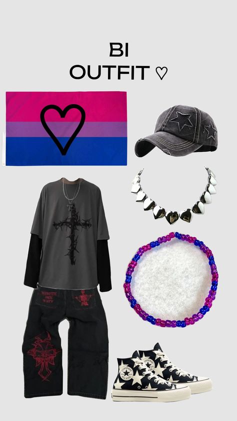 #bisexual #pride #viral #outfit #wishlist I hope yall love it!! im making more soon!! il try to do more often ♡♡♡ Bi Pride Aesthetic Outfit, Bi Flag Outfit, Bisexual Outfits, Bisexual Starter Pack, Bisexual Outfits Style, Pride Bisexual Outfit, Bisexual Fashion, Subtle Bisexual Jewelry, Bisexual Necklace