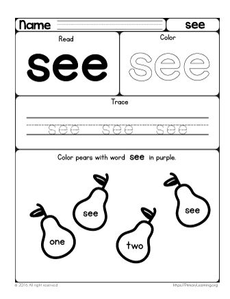 With this worksheet, kids in preschool will start to learn the sight word see. They will read and write it, color and decorate. Lots of work from memorization to tactile experience. Get all preschool sight word worksheets and get ready to read! Looking for more hands-on activities? Check these See Worksheet, Pre Primer Sight Words, Preschool Sight Words, The Sight Word, Writing Sight Words, Cvc Words Kindergarten, Homeschool Preschool Curriculum, Nonsense Words, Sight Word Worksheets