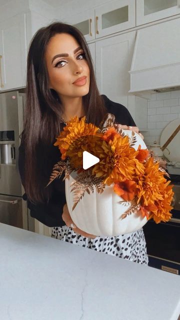 Muna Nijmeh on Instagram: "DIY FALL PUMPKIN 🎃   Here is a beautiful and super easy fall DIY!   All you need is a craft pumpkin and some fall floral picks. Since my craft pumpkin is styrofoam I just poked the picks right through without any glue. I also arranged mine as if the florals are cascading down the pumpkin.  Super easy and looks perfect for fall!  🍁 SAVE THIS IDEA 🍁  #falldecor #fallvibes #autumncolors #cozyvibes #diyideas" Styrofoam Pumpkin Ideas, Styrofoam Pumpkin Crafts, Easy Pumpkin Decorating Ideas, Pumpkin Flower Arrangements, Pumpkin Drilling, Easy Pumpkin Decorating, Easy Floral Arrangements, Easy Diy Fall Decor, Pumpkin Arrangements