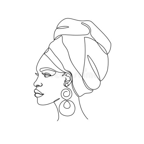 Afro American woman in a modern one line style. Face of an Afro American woman with a turban in a modern abstract minimalist one line style. Continuous black royalty free illustration African Woman Line Art, Line Art Design Black Woman, Black Man Line Art, Black Women Sketch, Afro Embroidery, African Lady Drawing, Black Woman Silhouette Tattoo, Line Art Black Woman, Afro Line Art