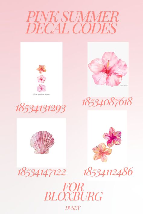 Decals to add to your bloxburg home! Aesthetic Pink Decals Bloxburg, Pink Id Codes Bloxburg, Berry Avenue Flower Codes, Pink Bush Decal Bloxburg, Cute Roblox Decals Codes, Summer Decals Berry Ave, Square Bloxburg Decals, Pink Bloxburg Bathroom, Pink Picture Codes For Bloxburg