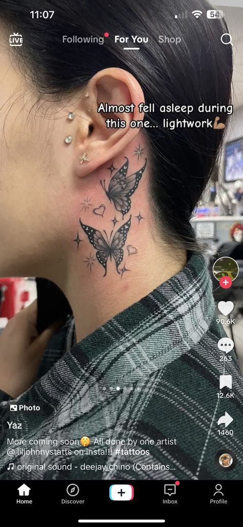 Butterfly Neck Tattoo, Small Neck Tattoos, Artsy Tattoos, Side Neck Tattoo, Ear Tattoos, Hand Tattoos For Girls, Neck Tattoos Women, Butterfly Tattoos For Women, Small Pretty Tattoos