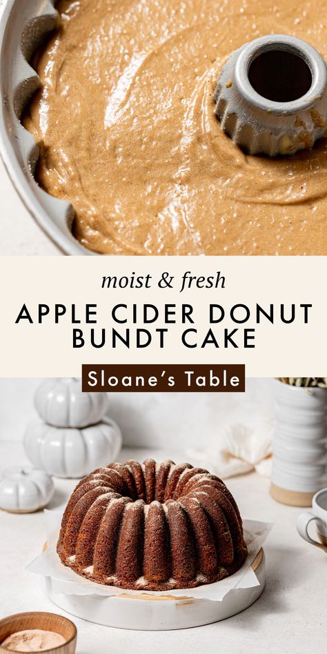 This apple cider bundt cake is everything you love about baked apple cider donuts, but in bundt form! Bundt cakes are essentially giant donuts anyway, right?! Yogurt Bundt Cake Recipes, Apple Cider Bundt Cake Recipes, Healthy Bundt Cake, Thanksgiving Bundt Cake, Bundt Cake Decorating, Apple Cider Cake Recipe, Apple Cider Donut Bundt Cake, Bundt Cake Ideas, Donut Bundt Cake