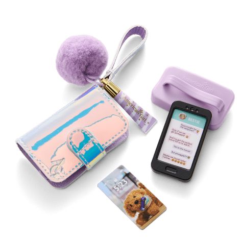 Purple Pom Phone & Accessories for Dolls | American Girl® My Life Doll Stuff, Violet Bedroom, Our Generation Doll Accessories, My Life Doll Accessories, Mini Objects, Toy Phone, Generation Dolls, Pom Keychain, Phone Display