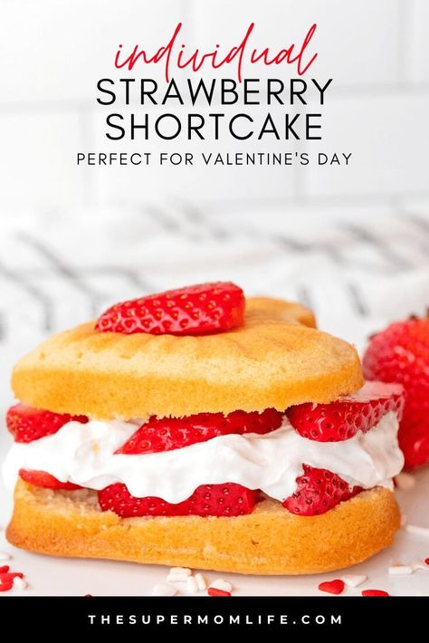 Strawberry Shortcake Heart Shaped Strawberry Shortcake, Heart Shaped Desserts, Individual Strawberry Shortcake, Heart Shaped Strawberry, Camping Dessert Recipes, Family Dessert Recipes, Strawberries And Whipped Cream, Heart Shaped Cake Pan, Box Cake Recipes