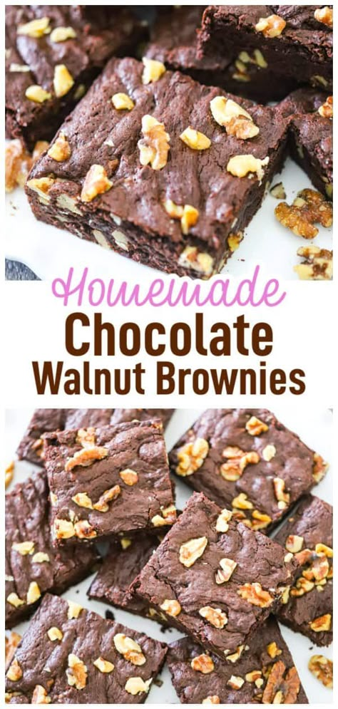 Our best Homemade Chocolate Walnut Brownies recipe is easy, fudgy and deliciously loaded with walnuts!  The decadent combination of of rich chocolate brownies and crunchy walnuts is so irresistible, we cannot resist! Walnut Brownies Recipe, Walnut Brownie Recipe, Chocolate Walnut Brownies, Fudgy Chocolate Brownies, Chocolate Chunk Brownies, Cookie Dough Filling, Brownie Recipes Healthy, Walnut Brownies, Best Chocolate Desserts