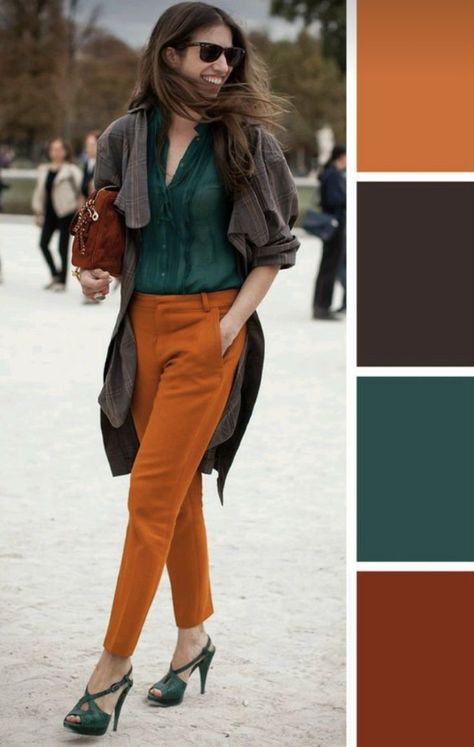 Clothing Color Combinations, Autumn Color Palette Fashion, Orange Color Combinations, Deep Autumn Color Palette, Colour Combinations Fashion, Color Combos Outfit, Color Blocking Outfits, Orange Pants, Color Combinations For Clothes