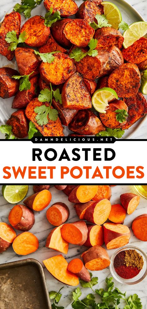 A baked sweet potato recipe for your Thanksgiving dinner party menu! Crisp-tender with an amazing taste, these oven roasted sweet potatoes are just perfect. Plus, this easy Thanksgiving side dish is vegetarian! Sweet Potatoes In The Oven, Sweet Potatoes Roasted, Easter Side Dish, Potatoes In The Oven, Sweet Potato Oven, Sweet Potato Side Dish, Sweet Potato Recipes Roasted, Sweet Potato Sides, Oven Roasted Sweet Potatoes