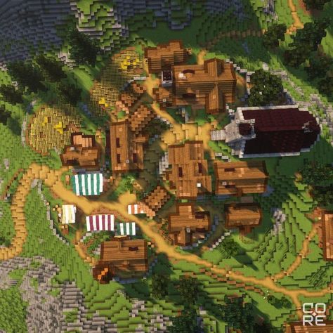 Minecraft Designer Minecraft Fantasy Town Layout, Minecraft Fantasy Village Layout, Village Redesign Minecraft, Upgraded Minecraft Village, Minecraft Mountain City, Minecraft Village Path, Minecraft Village Design, Minecraft Fantasy Village Ideas, Minecraft Camp Site