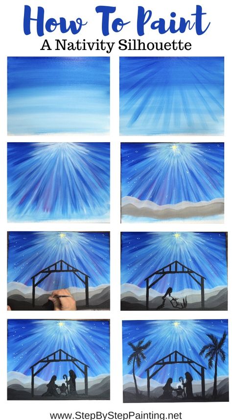 Nativity Silhouette Painting Acrylics For Beginners, Nativity Painting, Nativity Silhouette, Christmas Paintings On Canvas, Nativity Christmas, Painting Christmas, Silhouette Painting, Canvas Painting Tutorials, Easy Canvas Painting