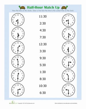 Practice telling time to the half hour with your first grader with this matching worksheet. Clock Worksheets, Telling Time Worksheets, 2nd Grade Math Worksheets, 1st Grade Math Worksheets, Time Worksheets, Basic Math Skills, Math Time, Kids Math Worksheets, Kindergarten Math Worksheets