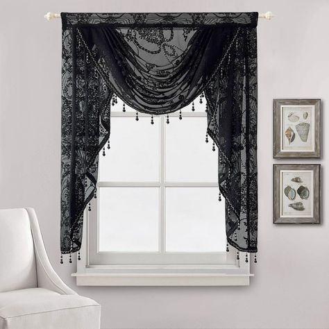 PRICES MAY VARY. Processing Method: Rod Pocket slides easily onto your curtain rod for quick installation. Our waterfall lace sheer valance can soften up the look of the window and appears a luxury and airy look, Without lining. The beading, and stitch work are exceptional. Beautiful beads are sewn at the bottom of swag valances, giving an elegant touch. This fashionable waterfall valance combined with curtain will complete the room setting in any home. Perfect for your living room, bedroom, fam Gothic Apartment Decor, Gothic Curtains, Sheer Valances, Cortinas Boho, Valances For Living Room, Waterfall Valance, Lace Valances, Kitchen Background, Lace Window