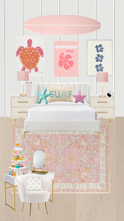 Beachy Bedroom Aesthetic Preppy, Girly Beach Bedroom, Preppy Room Beach, Teen Girl Beach Bedroom, Coastal Pink Bedroom, Preppy Beach Bedroom, Pink Beachy Room, Pink Beach Room, Beach Preppy Room