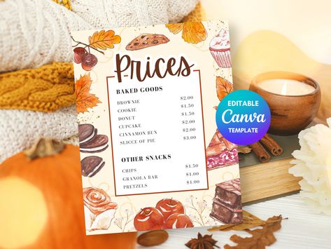 Autumn Bake Sale Price List Template, Fall Bake Sale Pricing List for Church Event, PTA Fundraiser, Autumn PTO Event, Fall Festival Market by GratitudeRoad on Etsy Bake Sale Pricing, Bake Sale Price List, Fall Bake Sale, Bake Sale Flyer, Pricing List, Pta Fundraising, Bakery Menu, Charming Farmhouse, Price List Template