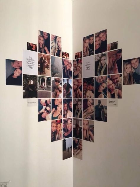 Pic Heart Collage, Photo Wall Collage Bedroom Heart, Posters On Wall Bedroom Heart, Photo Wall Design Ideas Bedroom, Heart Pic Collage On Wall, Heart Photo Collage Wall Corner, Photo Wall Asthetic Ideas, Photo Wall Collage Heart Shape, Friend Photo Wall Collage Bedroom