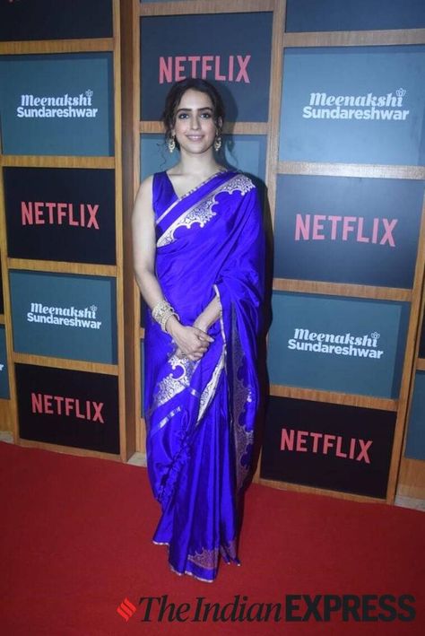 Sanya Malhotra looks stunning in blue silk sari; check it out | Lifestyle News,The Indian Express Sanya Malhotra Saree, Sanya Malhotra, Pattu Saree Blouse Designs, Yellow Lehenga, Blush On Cheeks, Indian Express, Saree Designs Party Wear, Pattu Saree, Sanya