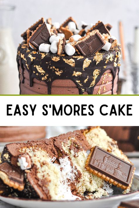 S'mores Cake Recipe, Smores Cake Recipe Easy, Smore Cake Recipe, Easy Smores Cake, S’mores Cake Recipe, S’more Cake, Smores Birthday Cake, Fudge Buttercream Frosting, Smore Cake