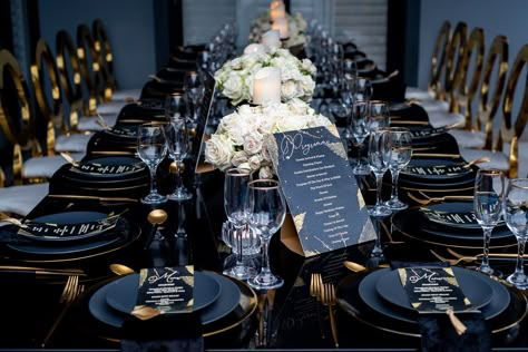 Elegant Party Decorations For Adults, All Black Tablescape, Blue And Black Table Decorations, Black Tie Dinner Party Decor, Formal Dinner Decorations, Black Tie Event Decorations Centerpieces, Black Party Table Decor, Black And Gold Black Tie Event, All Black Birthday Dinner Decorations