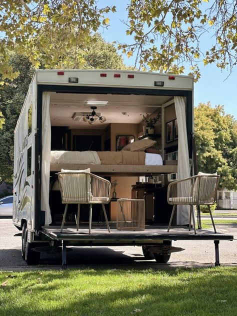 A toy hauler garage to bedroom conversion with a patio space Garage Into A Bedroom, Garage Bedroom Conversion, Best Small Rv, Campsite Decorating, Toy Hauler Trailers, Rv Patio, Toy Hauler Travel Trailer, Rv Inspiration, Rv Campsite