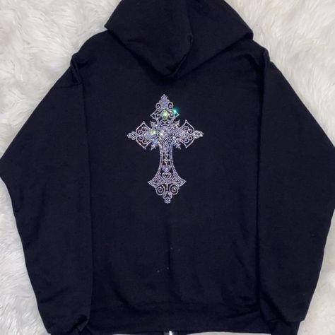 Cross Zip Up Hoodie, Diamonds Aesthetic, Hoodies Aesthetic, Hoodie Ideas, Candle Pedestal, Custom Hoodie, Rhinestone Cross, Rhinestone Designs, Custom Hoodies