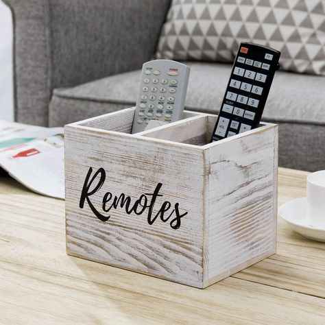 Remote Control Organizer, Remote Control Holder, Whitewash Wood, Media Storage, Functional Decor, Wooden Projects, Remote Controls, Desktop Organization, Grey Wood