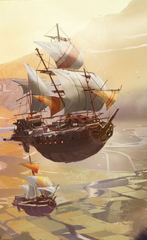 Sky Ship Fantasy Art, Flying Ship Concept Art, Flying Ship Fantasy Art, Fantasy Flying Ship, Fantasy Boat, Spelljammer Ships, Steampunk Ship, Airship Art, Pirate Ship Art