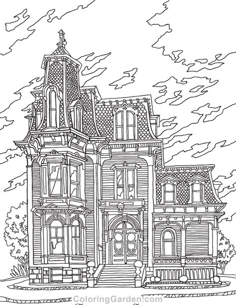 Free printable Victorian house adult coloring page. Download it in PDF format at http://coloringgarden.com/download/victorian-house-coloring-page/ Architecture Coloring Pages, House Colouring Pages Free Printable, Coloring Pages Of Houses, Victorian Home Drawing, Victorian House Drawing Simple, Victorian Drawings, House Coloring Pages For Adults, Victorian House Coloring Pages, Houses Coloring Pages