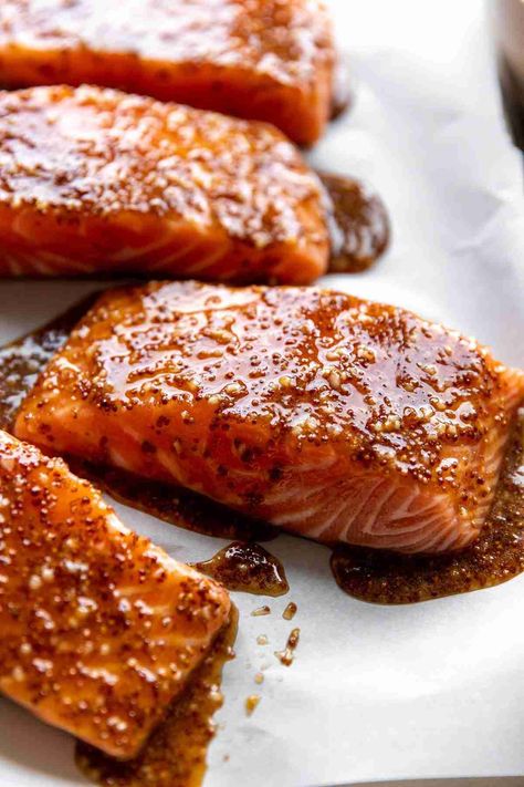 Honey Mustard Baked Salmon-4 Dijon Baked Salmon, Honey Dijon Salmon Baked, Honey Dijon Salmon, Honey Mustard Salmon Marinade, Hot Honey Salmon, Siracha Salmon, Salmon Recipes Baked Dijon Mustard, Honey Mustard Baked Salmon, Baked Salmon Mustard