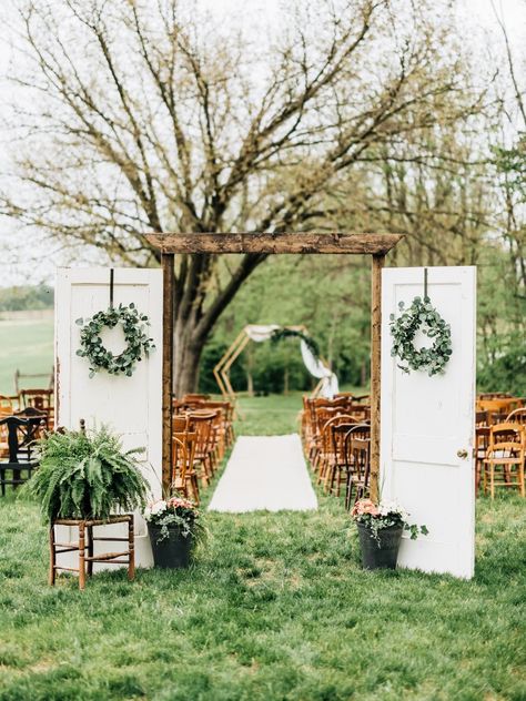 Wedding Arch With Doors Ideas, Outside Wedding Entrance Ideas, Door Arch Wedding, Farm Wedding Entrance, Wedding Arch Fall Outdoor Ceremony, Farm Wedding Isles, Waterfront Ceremony Decor, Bride Entrance Ideas Outdoor Weddings, Alter Diy Wedding