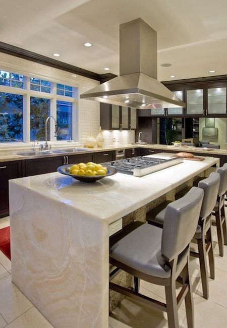 Island Stove, Kitchen Island With Cooktop, Waterfall Island Kitchen, Island With Stove, Kitchen Island With Stove, Waterfall Countertop, High End Kitchens, Amazing Kitchen, Contemporary Kitchen Design