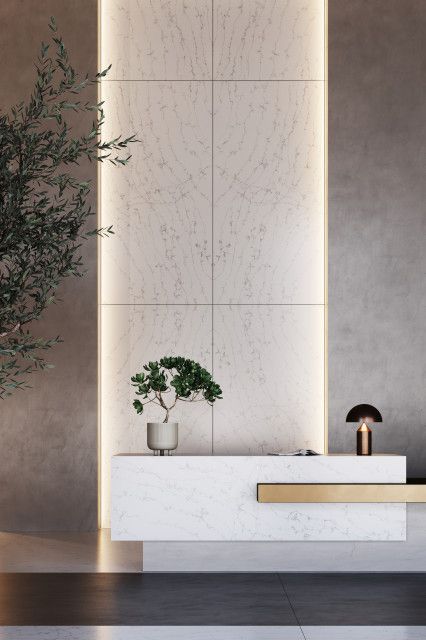 8 Tile and Bathroom Trends From Italy’s Cersaie Show Mirror Technology, Cool Mirror, Lobby Decor, Hotel Lobby Design, Lobby Wall, Lobby Interior Design, Colorful Florals, Hospital Interior, Dental Office Design