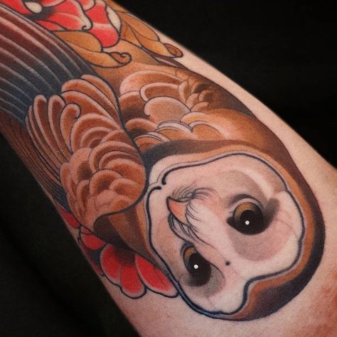 Neotrad Animal Tattoo, Neo Traditional Animals, Barn Owl Tattoo Design, Neotraditional Owl Tattoo, Neo Traditional Owl Tattoo, Neo Traditional Owl, Neo Traditional Sleeve, Farm Tattoo, Traditional Owl Tattoos