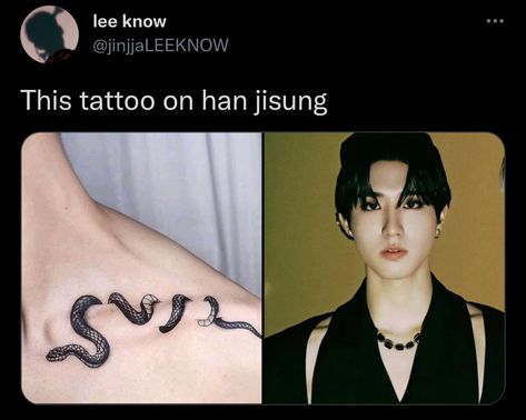 Kpop Tattoo, Full Tattoo, Fantasy Tattoos, Spider Tattoo, Baby Squirrel, Snake Tattoo, Tattoos For Kids, Kid Memes, Han Jisung