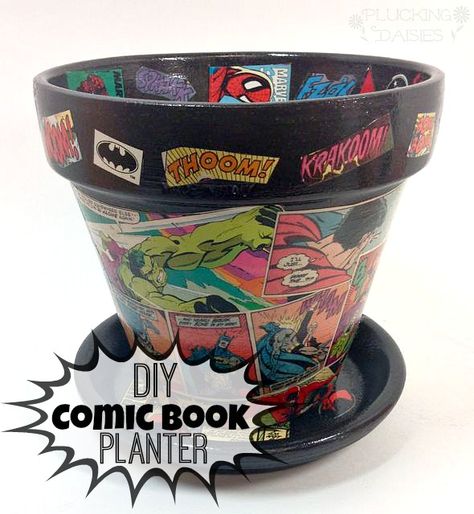 Comic Book Planter : a unique DIY gift for the Super Hero enthusiast | Pluckingdaisies.com Diy Comic Book, Comic Book Crafts, Book Planter, Diy Comic, Diy Bleach, Bleach Shirt, Superhero Crafts, Crochet Geek, Geek Crafts