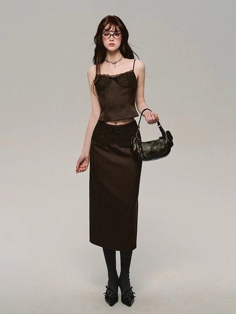 Slim Fit Lace Stitch Camisole ＆ Spliced Skirt – ARCANA ARCHIVE Satin Camisole, Skirt And Top Set, Suspender Skirt, Brown Skirts, Draped Fabric, Set Up, Gray Skirt, Glasses Fashion, Skirts For Sale