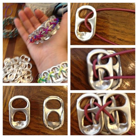 Soda tab bracelet!  24 or 26 tabs and 2 ft. 8in elastic cord.  Start with top then bottom then top till its done.  Always have the rough sides facing each other. Tie and trim the excess cord when done. Can Tab Bracelet, Soda Tab Bracelet, Pop Tab Purse, Pop Tab Bracelet, Soda Tab Crafts, Pop Can Tabs, Can Tab Crafts, Pop Tab Crafts, Soda Tab