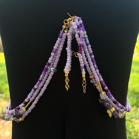 “Customer asked for gold and purple waist beads and that’s what she got! This piece is breathtaking and was so much fun to make💜💜💜💜. #CustomJewelry #WaistBeads #GoldAndPurple #Handmade #UniqueDesigns #JewelryMaker #FashionAccessories” Purple Waist Beads, Multicolor Waist Beads With Gold Details, Purple And Gold Waist Beads, Spiritual Gold Beaded Waist Beads, Hand-strung Gold Waist Beads, Jewelry Maker, Custom Jewelry, Fashion Accessories, Unique Designs